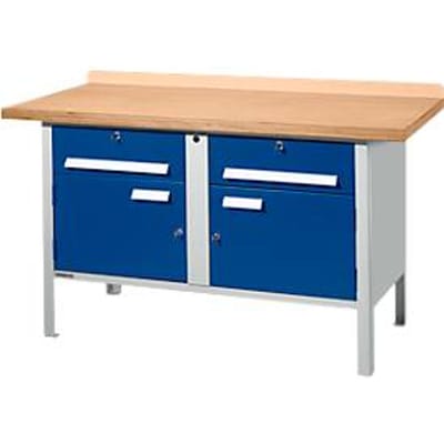 Schäfer Shop Select PWi 150-0 werkbank met kasten, beuken multiplexplaat, tot 750 kg, B 1500 x D 700 x H 840 mm, lichtgrijs/ gentiaanblauw