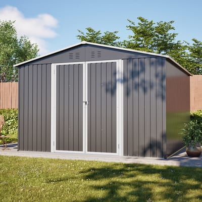 Clruro Metalen Opbergschuur - 10x10 FT - Opbergschuur Met Bodemframe En Afsluitbare Deuren - Weerbestendig Voor Tuin En Achtertuin - Staal - Grijs