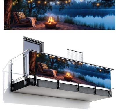 Balkonscherm 300x80 cm - Balkonposter Kampvuur - Meer - Avondlicht - Balkon scherm decoratie - Balkonschermen - Balkondoek zonnescherm