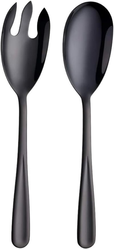 Set van 2 RVS Saladelepels en Vorken - Grote Zwarte Serveerlepel en Vork van 30,5 cm voor Salades en Gerechten