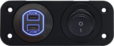 ProRide 12-24V USB C Autolader 2 Poorten Inbouw - 100W+20W - Tuimelschakelaar - Tweevoudig Paneel - Blauw