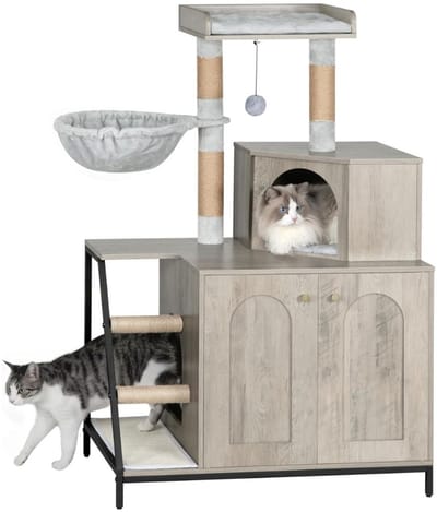 Quvo® 4-in-1 Kattenbak Kast - Kattenhuis Met Krabmat - Kattenmand - Greige - 50cm x 80cm x 50cm