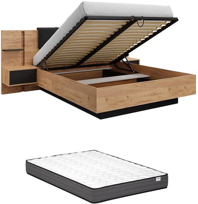 Vente-unique Bed met opbergruimte stof antracietgrijs, natuurlijk licht 160 x 200 cm