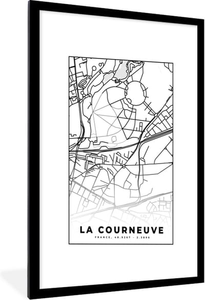 Fotolijst incl. Poster Zwart Wit- Stadskaart - Plattegrond - Kaart - Frankrijk - La Courneuve - Zwart wit - 60x90 cm - Posterlijst