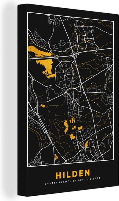Canvas Schilderij Duitsland – Black and Gold – Hilden – Stadskaart – Kaart – Plattegrond - 20x30 cm - Wanddecoratie