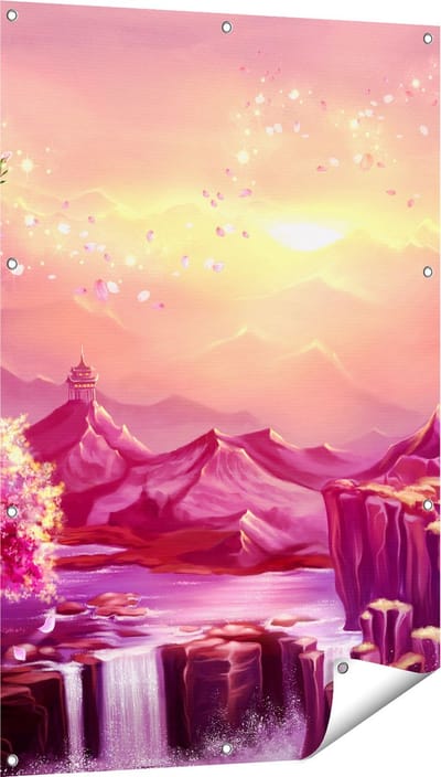 Gards Tuinposter Illustratie van Watervallen met Bloesems - 80x120 cm - Tuindoek - Tuindecoratie - Wanddecoratie buiten - Tuinschilderij