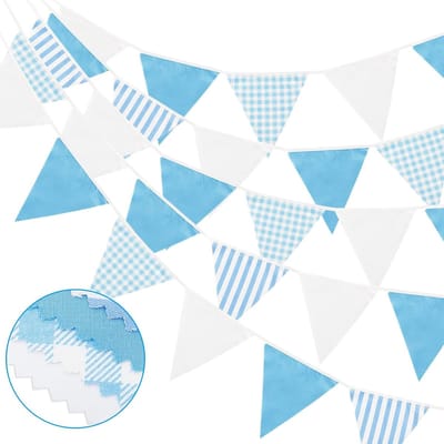 Wimpelketting Stof 12 meter - Blauwe en Witte Gestreepte Vlaggetjes voor Kinderkamer, Verjaardag en Bruiloft