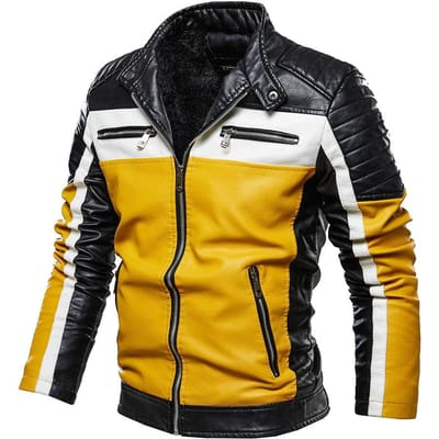 Heren Geel Leren Jas Patchwork Bikerjack Heren Casual Rits Jas Heren Motorjas Slim Fit Bontgevoerde Buitenjas XXL black
