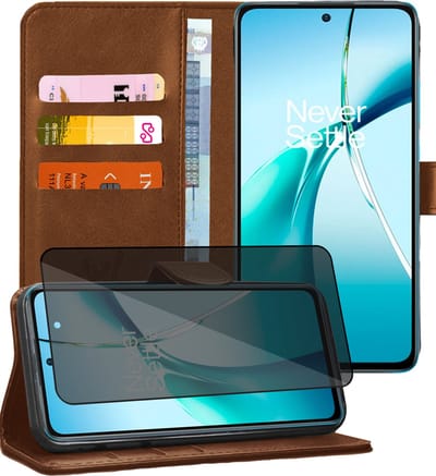 Hoesje geschikt voor OnePlus Nord CE 4 Lite - Privacy Screenprotector Volledig Dekkend Glas - Portemonnee Book Case Bruin