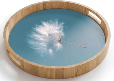 Dienblad rond 40x40 cm - Schootdienblad hout - Paardenbloempluisje - Blauw - Lucht - Borrelplank rechthoek - Plateau houten dienbladen