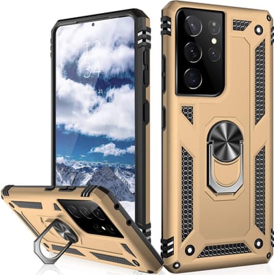Casemania Hoesje Geschikt voor Samsung Galaxy S22 Ultra Goud - Anti-Shock Hybrid Armor Back Cover - Hoes met Kickstand Ring