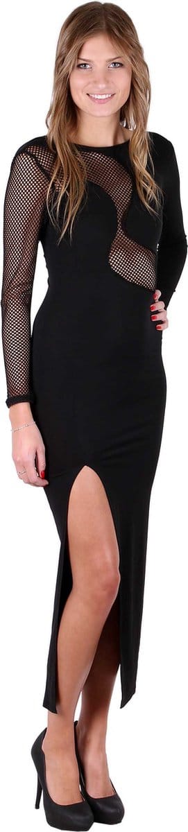 John Zack Zwart getailleerde maxi jurk, mesh
