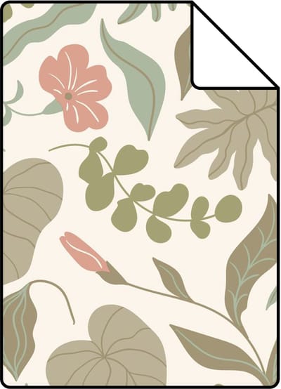 Proefstaal ESTAhome behang bladeren en bloemen vergrijsd groen en roze - 26.5 x 21 cm - 131050-S