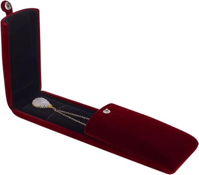 Donkerrode fluwelen sieraden verpakking doos voor kettingen en hangers, luxe geschenkdoos en opbergdoos voor lange kettingen