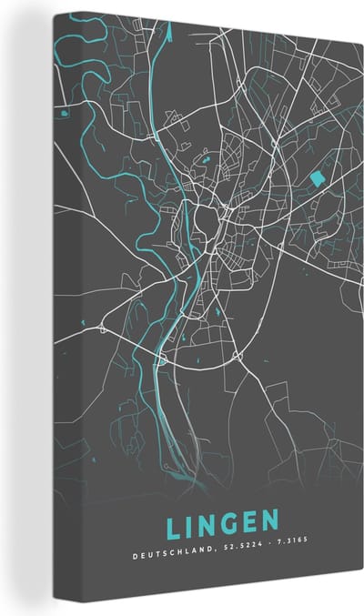 Canvas Schilderij Stadskaart – Kaart – Lingen – Blauw – Duitsland – Plattegrond - 20x30 cm - Wanddecoratie