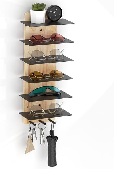 Houten Zonnebril Organizer - Presentatierack met 6 Niveaus en 3 Haken - Wandorganizer en Sleutelhanger voor Entree - Woonkamer - Slaapkamer - Black