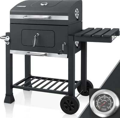 Sello! houtskool barbecue XXL – grill – ingebouwde thermometer – opbergplanken – aslade – stevige wielen – staal – zwart
