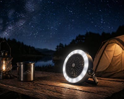 LED Camping lamp en ventilator - Draagbaar - Plafondventilator - Tentventilator - Op batterij (3xAA) - Wit licht