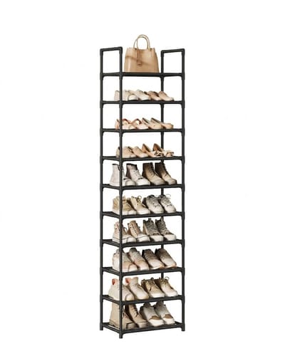 Solvix Schoenenrek 10 Niveaus – Smalle Schoenenkast met Metalen Frame – Schoenen Organizer met Stoffen Planken – 28x45x173 cm – Zwart