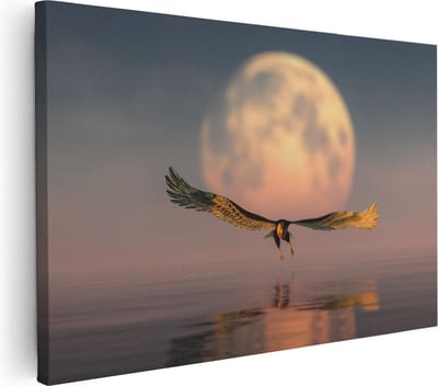 Artaza Canvas Schilderij Vogel Boven Zee - 30x20 cm - Klein - Wanddecoratie Vogels - Muurdecoratie Maan - Kamer Accessoires Woonkamer