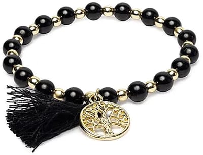 Armband zwarte toermalijn & hematiet met Levensboom en kwastje