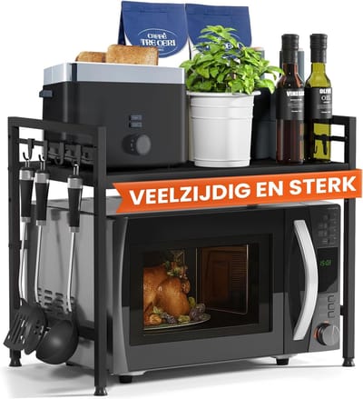 Famanu – Staand magnetronrek 2-laags – Verstelbaar keukenrek met haken – Zwart
