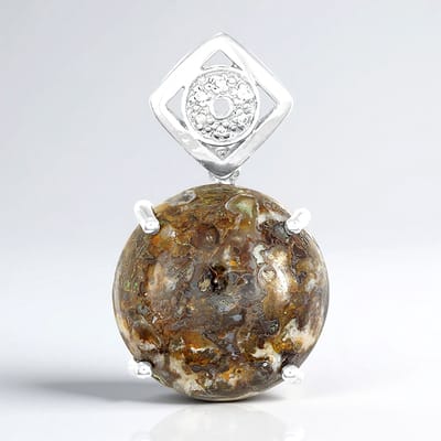 Cavill - Zilveren hanger 925 sterling zilver - Dinosaurus kwarts 14,86 ct - Cambodjaanse zirkonia - Ronde cabochon - Naturel aardetinten