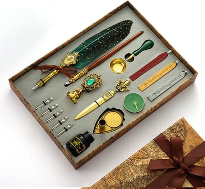 antieke veren pennenset, met ambachtelijke decoratiepen, houten dippen, metalen lepel, inktflesjes, penpunten, penpunthouder, wasverzegelingsset voor huwelijksuitnodigingskaart #88