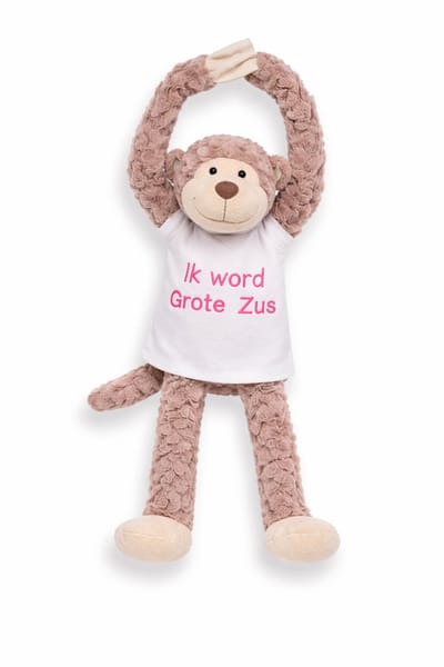 Knuffel Aap met Geborduurd Shirt “Ik word grote zus” – Zwangerschap Aankondiging – Cadeau Grote Zus – Knuffel met Tekst – Baby Aankondiging – slinger aap