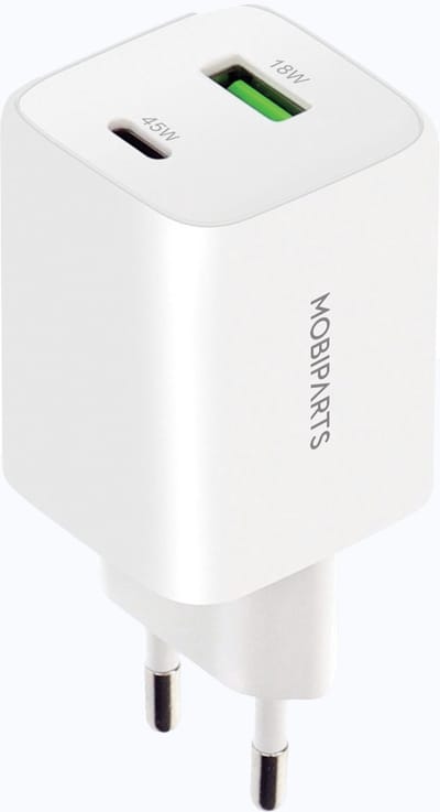 Mobiparts - 45Watt Universele GaN QC Snellader 45W - 2 Poorten (USB-C & USB-A) - GaN Technologie - PD 3.0 - Geschikt voor o.a. Tablets, Apple iPhone en Samsung Smartphones