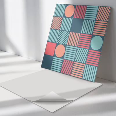 Wallfluent Vinyl Tegels - Geometrie met Kleurrijke Vormen Vinyl Tegels Zelfklevend - 30 cm x 30 cm - Turkoois PVC Tegels - 9 stuks - Vierkant PVC Tegels - Patroon Plaktegels - Zelfklevende Vinyltegels - Plaktegels Keuken en Badkamer