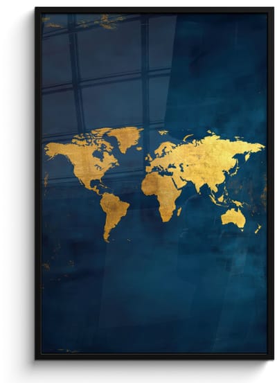 Poster in lijst - Fotolijst 80x120 cm - Posters - Wereldkaart - Goud - Donkerblauw - Posterlijst zwart - Decoratie - Wanddecoratie woonkamer - Muurdecoratie slaapkamer