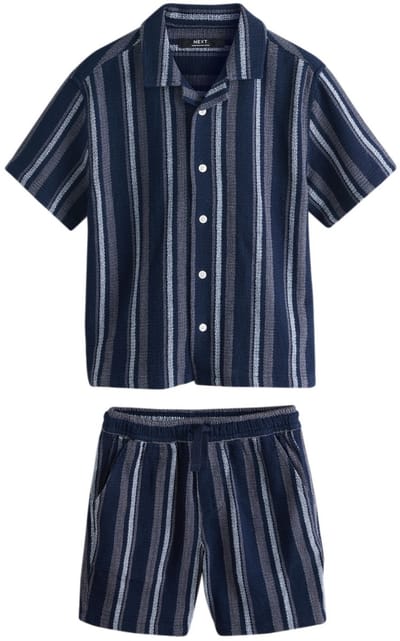 Next - Jongens - Set met korte mouwen, gestructureerd overhemd met strepen en korte broek - Blauw