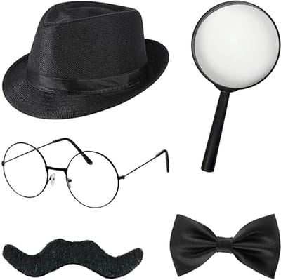 5-delige set accessoires voor een detectivekostuum, Sherlock Holmes-cosplayaccessoires met detectivehoed, bril, nepbaard en loep; cosplayaccessoires voor carnaval en Halloween