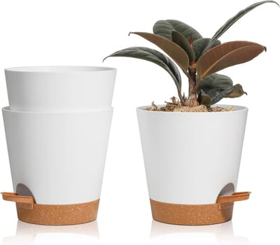 Famanu - Set van 3 ronde kunststof bloempotten met bewateringssysteem wit