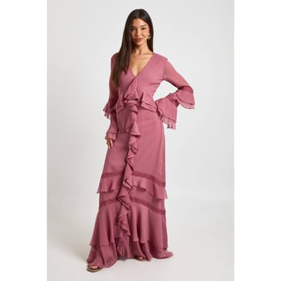 boohoo Dames Chiffon Ruches Kant Detail Maxi Jurk | Roos | Maat: 36