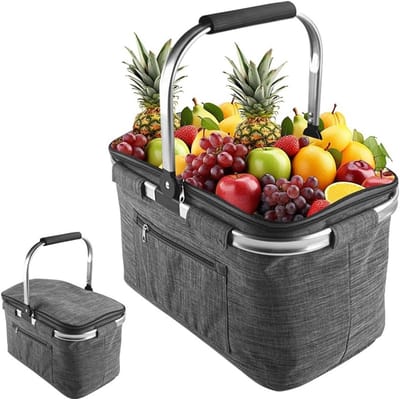Vouwbare Winkelmand van 30 Liter, Grote Gezinsmand met Gevoerde Handvatten, Ideaal voor Picknicks, Reizen en Winkelen