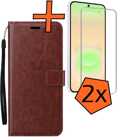 Hoes - Met 2x Screenprotector - Geschikt voor Samsung Galaxy A37 - Luxe Pasjeshouder - Bookcase Portemonee - Flip Case - Kunstleer Book Case - Flipcase Hoes - Book Cover - Walletcase - PortemonneeHoes - Bruin