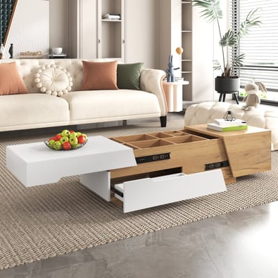 STILVORA Salontafel - Uitschuifbaar Met Schuifsysteem En Lade - Ruime Opbergruimte Met Meerdere Vakken Voor Woonkamer - MDF - 120x50x37,5 cm - Wit+Lichtbruin
