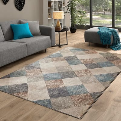 Flycarpets Terrain Vloerkleed - Beige / Blauw - Laagpolig Woonkamer Tapijt - 80x120 cm