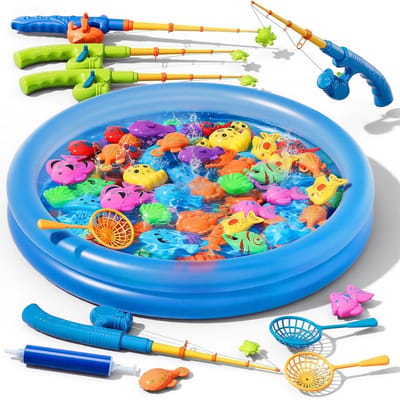 Dailygoods- Visspel met opblaasbaar zwembad - 60 drijvende vissen - 5 hengels - 3 netten - 70-delige set - Speelplezier voor kinderen 3-8 jaar