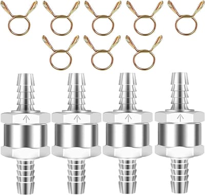 Controleerklep Set van 4 Stuks met 8 mm Aluminium Kleppen, Inclusief 8 Stuks Brandstofslang en Veerklemmen voor Benzine, Diesel en Plantaardige Olie