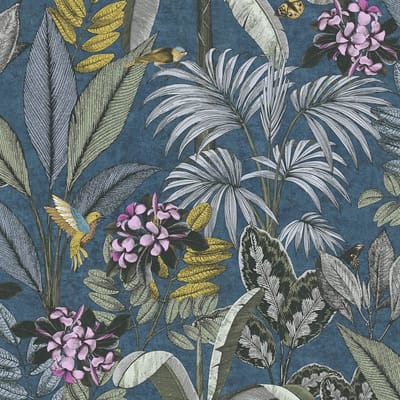 Vogels behang Profhome 387383-GU glad vliesbehang zonder structuur glad met kolibries mat blauw groen geel grijs 5,33 m2