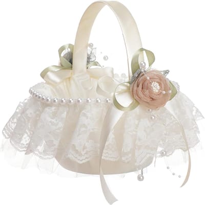 Bloemenmand Set - Bruiloft Decoratie - Ceremonie Aankleding - Met Strik en Parels - 20 x 18 x 9 cm