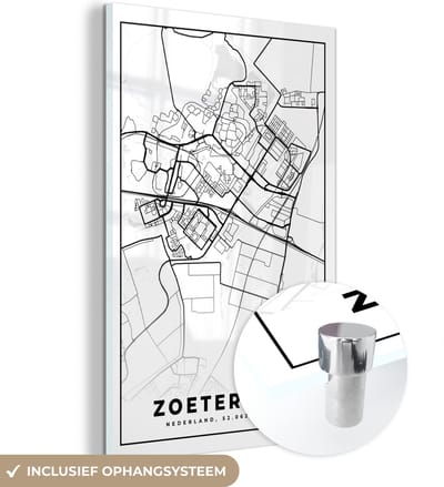 MuchoWow® Glasschilderij 40x60 cm - Schilderij acrylglas - Kaart - Zoetermeer - Zwart - Wit - Foto op glas - Schilderijen