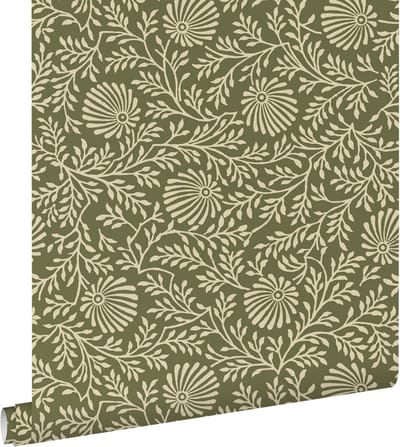 ESTAhome behang vintage bloemen olijfgroen - 50 x 900 cm - 131514