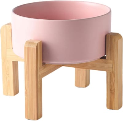 Verhoogde Keramische Hondenbak met Antislip Bamboe Standaard - 30 oz Voer- en Waterbak