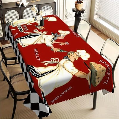 Retro Italiaanse Chef Tafellaken, Rode Achtergrond met Spaghetti & Wijn Print, Golvende Rand, Vlekbestendig, voor Keuken & Eetkamer 90x140cm red