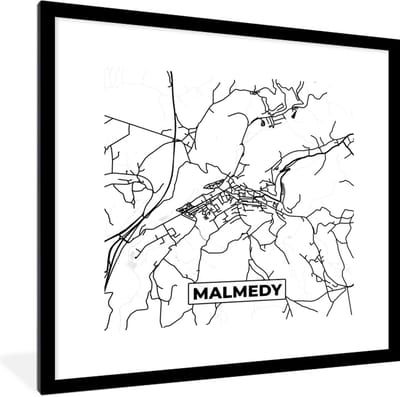 Fotolijst incl. Poster Zwart Wit- Zwart Wit – België – Plattegrond – Stadskaart – Kaart – Malmedy - 40x40 cm - Posterlijst