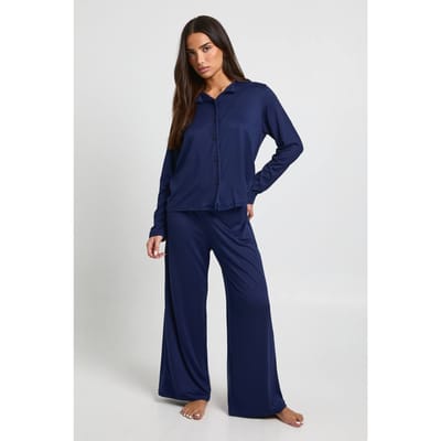 boohoo Dames Petite pyjama set met lange mouw overhemd en broek | Navy | Maat: 6